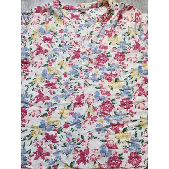 Falls Creek Linen Blend Floral Shirt Short Ruffle Sleeves V Neck Plus Sz 3X EUC - Picture 2 of 8